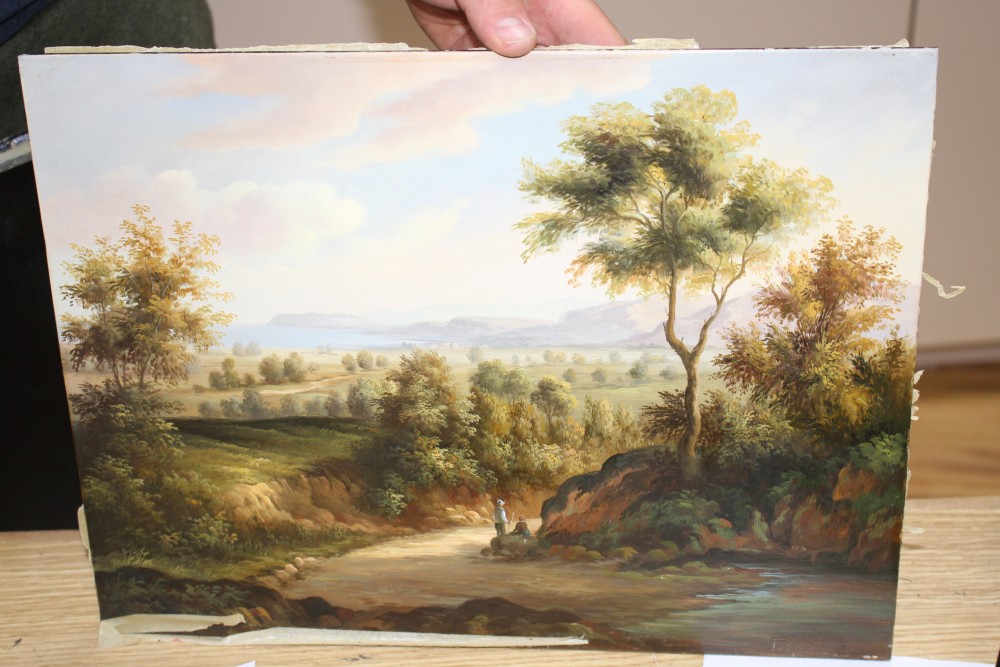 Ernest Mugin, three oils on panel, Rustic landscapes, signed, 40 x 60cm, pair 30 x 40cm